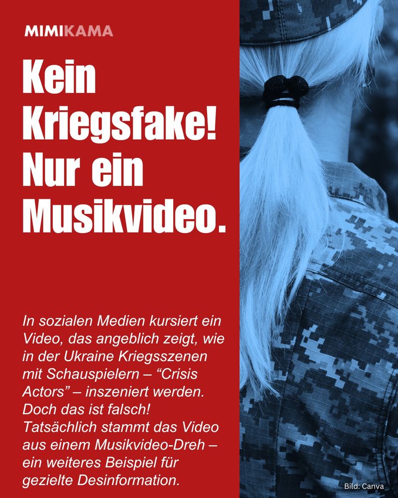 Kein Kriegsfake! Nur ein Musikvideo. In sozialen Medien kursiert ein Video, das angeblich zeigt, wie in der Ukraine Kriegsszenen mit Schauspielern – “Crisis Actors” – inszeniert werden. Doch das ist falsch! Tatsächlich stammt das Video aus einem Musikvideo-Dreh – ein weiteres Beispiel für gezielte Desinformation.