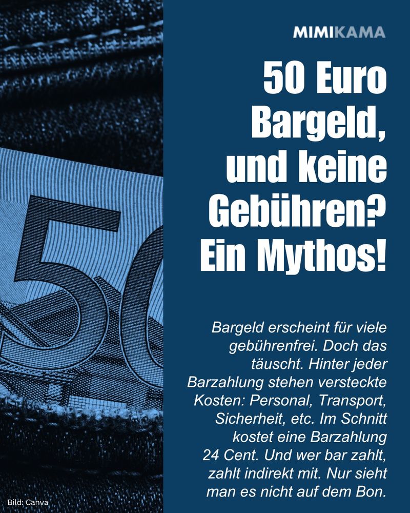50 Euro Bargeld, und keine Gebühren? Ein Mythos! Bargeld erscheint für viele gebührenfrei. Doch das täuscht. Hinter jeder Barzahlung stehen versteckte Kosten: Personal, Transport, Sicherheit, etc. Im Schnitt kostet eine Barzahlung 24 Cent. Und wer bar zahlt, zahlt indirekt mit. Nur sieht man es nicht auf dem Bon.