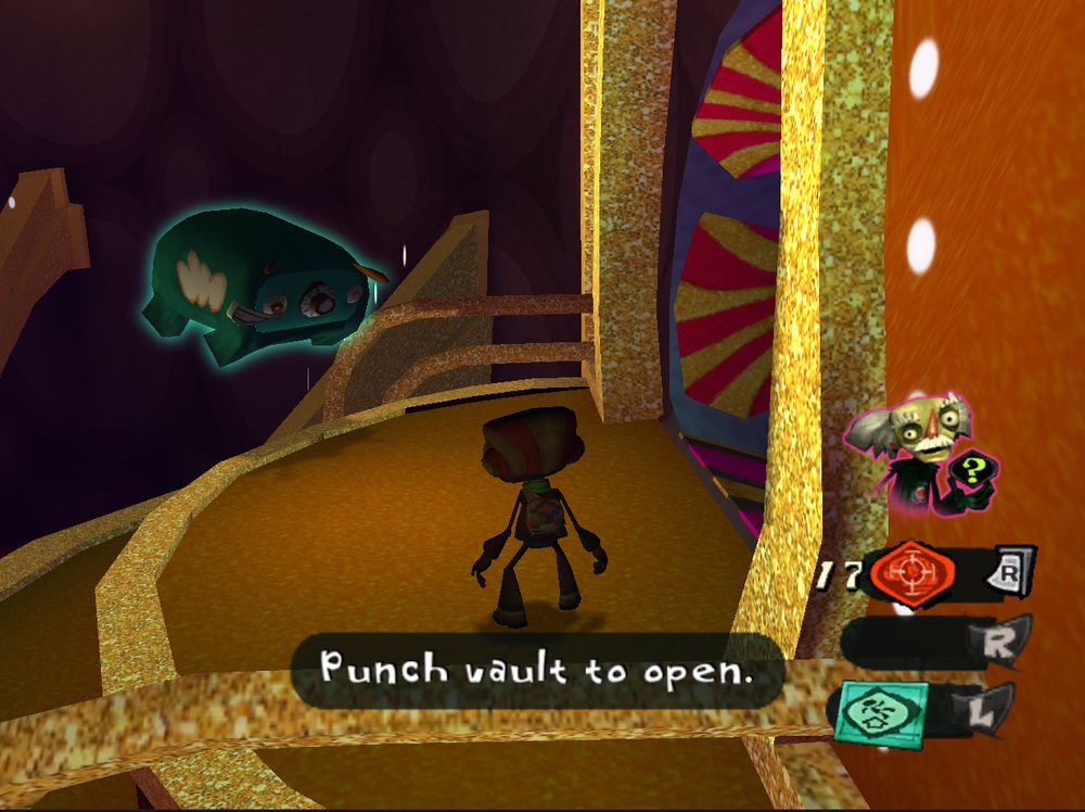 A screenshot of Milla's Dance Party in the game Psychonauts. A Memory Vault is stuck running in midair on a ledge nowhere near where it is supposed to be. Raz is staring at it. Ford is in the UI just looking dead on at the viewer.