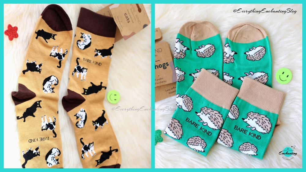 A split image showing two pairs of Bare Kind bamboo socks. On the left, two tan crew socks with black and white cat prints. On the right, four green ankle socks with white and black hedgehog prints, featured on everything enchanting blog.