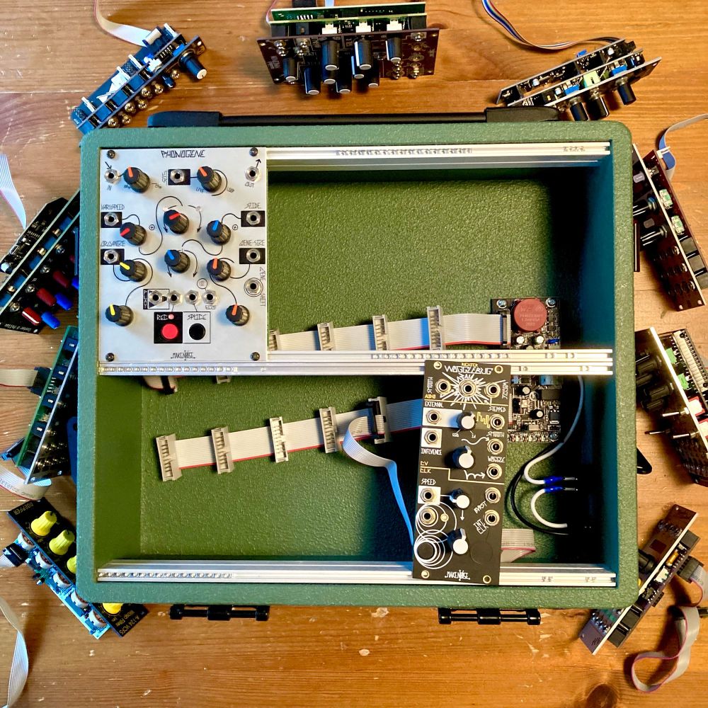A black hole eurorack case with two modules placed and others I racked surrounding it. Synths are cool.