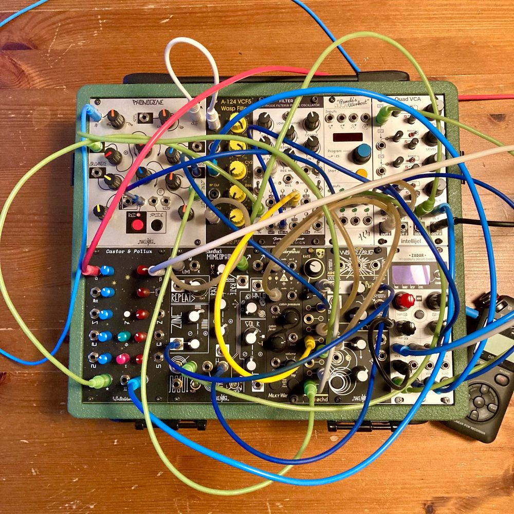 Racked and patched Eurorack case. With Make Noise Phonogene, Mimeophon, Wogglebug, and many others.