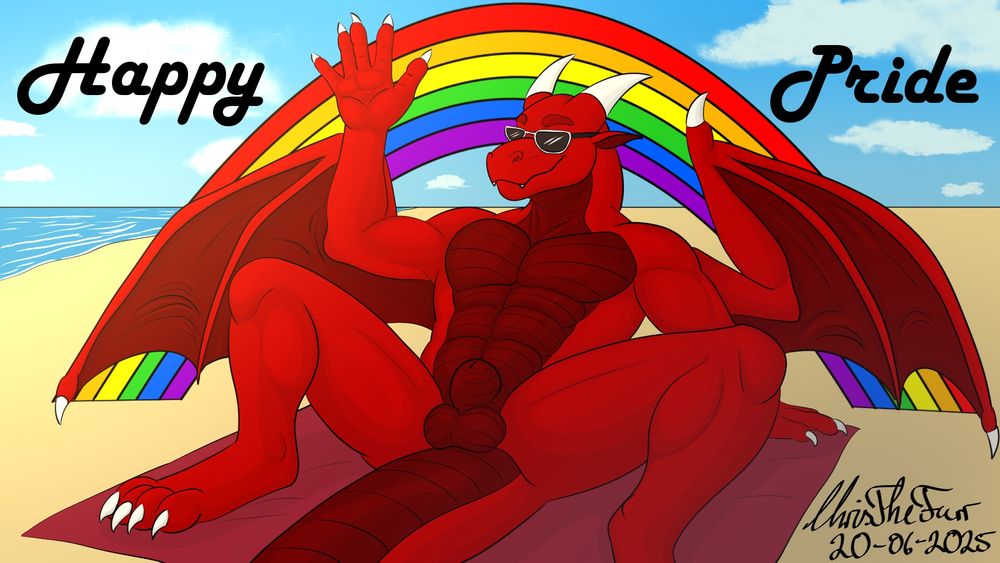 A Happy Pride artwork of a Scrydan, a red nude dragon laying and splaying his pride for all to see! A rainbow with "Happy Pride" above too.