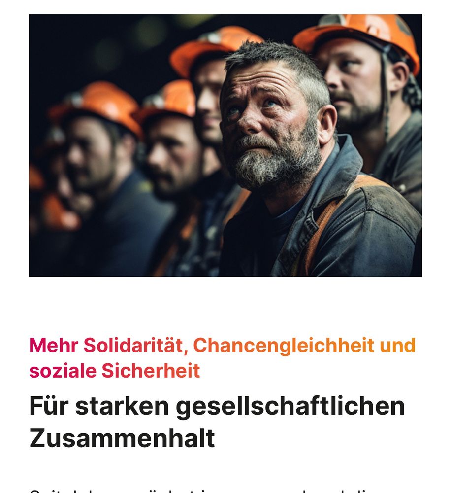 Screenshot der BSW-Website zum Thema „Für einen starken gesellschaftlichen Zusammenhalt“. Der Text ist illustriert mit einem KI-generierten Bild von einem Mann in Arbeitskleidung und Schmutz im Gesicht. Im Hintergrund stehen mehrere männliche Arbeiter mit orangenen Sicherheitshelmen.