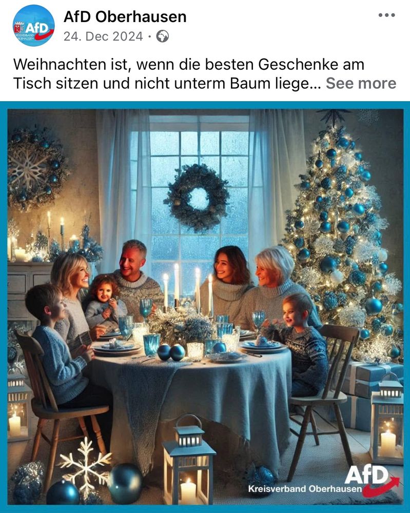 Facebook Post der AfD Oberhausen, der eine KI-generierte Familie am Essenstisch in einem weihnachtlich-blau geschmückten Zimmer.