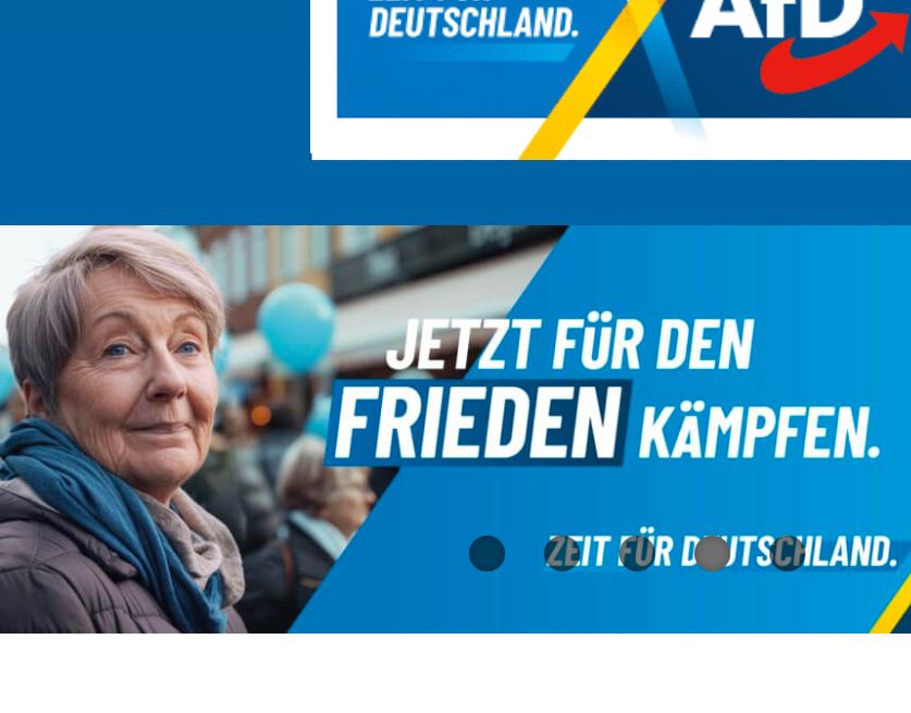 Banner mit einer Ki-generierten älteren Frau auf einer Demonstration und dem Text „Jetzt für den Frieden kämpfen“