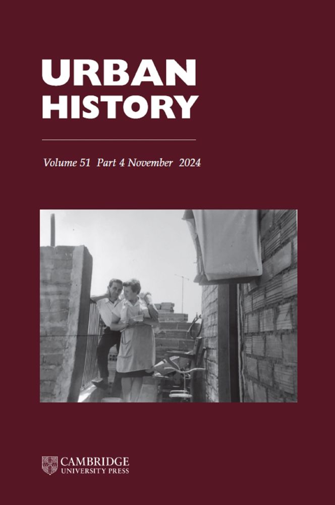 Front cover. Maroon with white text (Urban History. Volume 51 Part 4 November 2024), black and white photo of two people surrounded by low walls, and Cambridge University Press logo