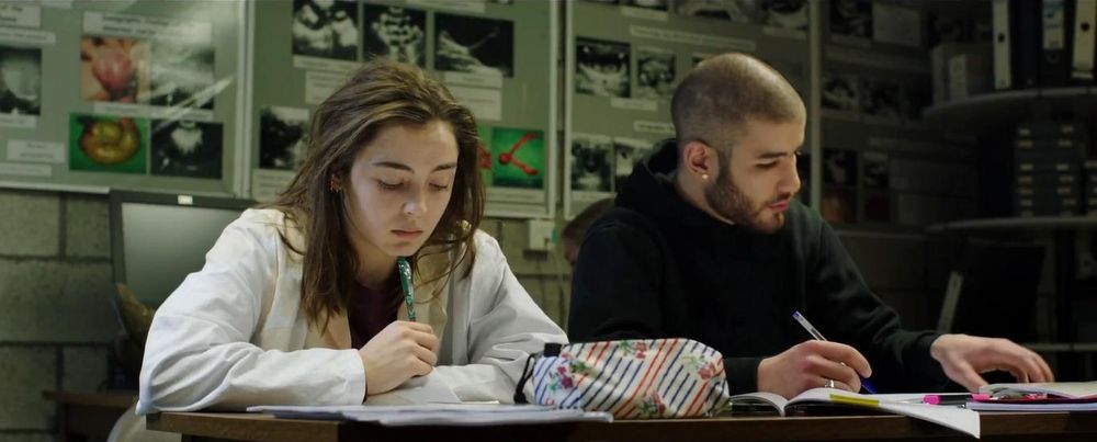 Justine and her roommate Adrien (Rabah Naït Oufella), being very studious.