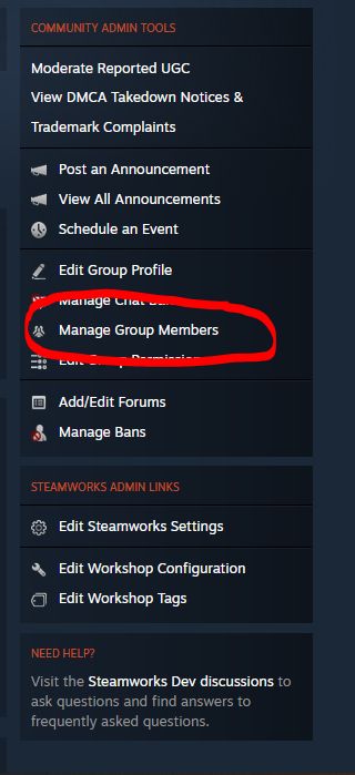 screenshot of the steam community admin tool with the manage group members circled