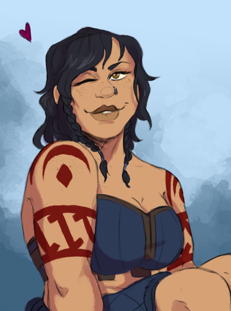 A flirty dwarf with black hair, braids, and freckles winks flirtily at the viewer. The dwarf has red tattoos on her shoulders and is wearing a blue shirt that shows her midriff.