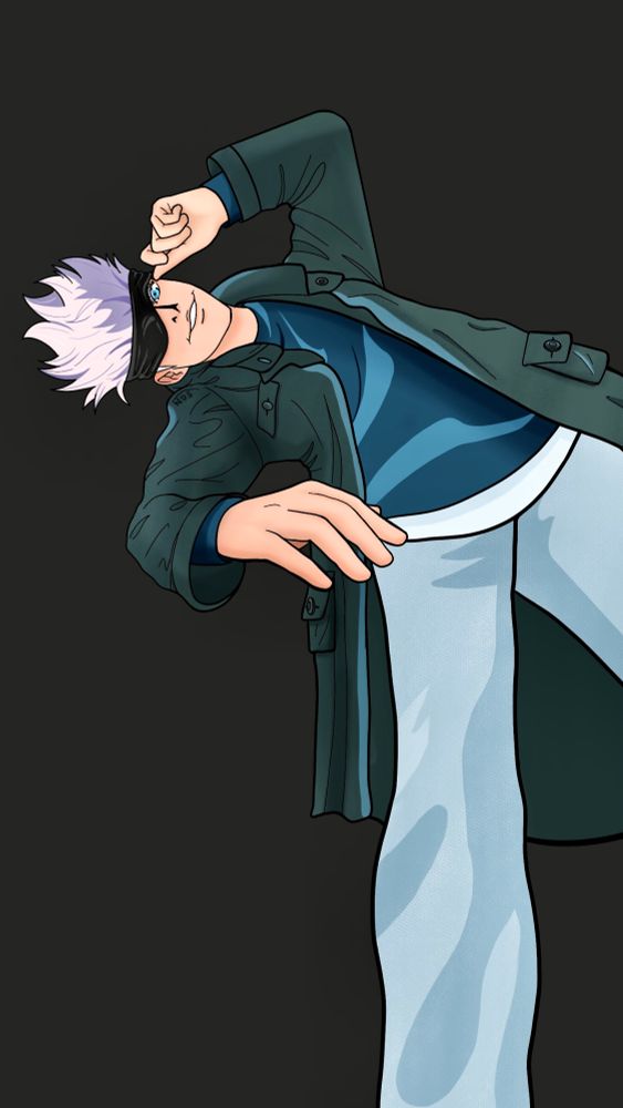 A dynamic pose illustration of Gojo from Jujutsu Kaisen. He has one eye covered as he flirts with the viewer 