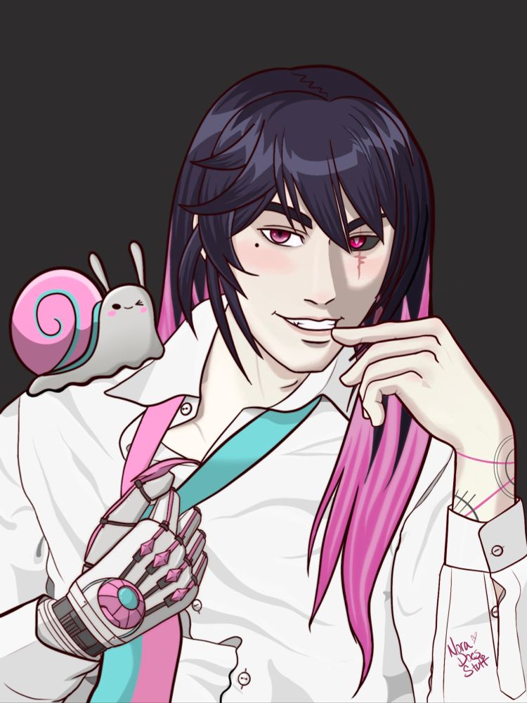 An attempt at drawing fanart of Vtuber Alpha Aniki looking sexy, flirty, at the viewer. He’s accompanied by his best friend Klawed.