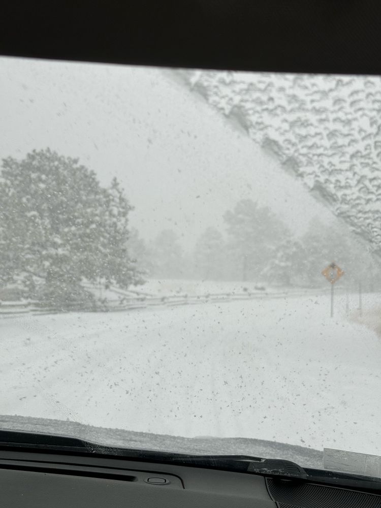 Picture out the windshield of a car looking at snow covered road with low visibility conditions.