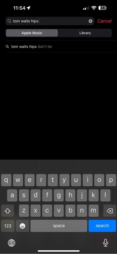 A search for Tom Waits hips don’t lie auto completing in Apple Music