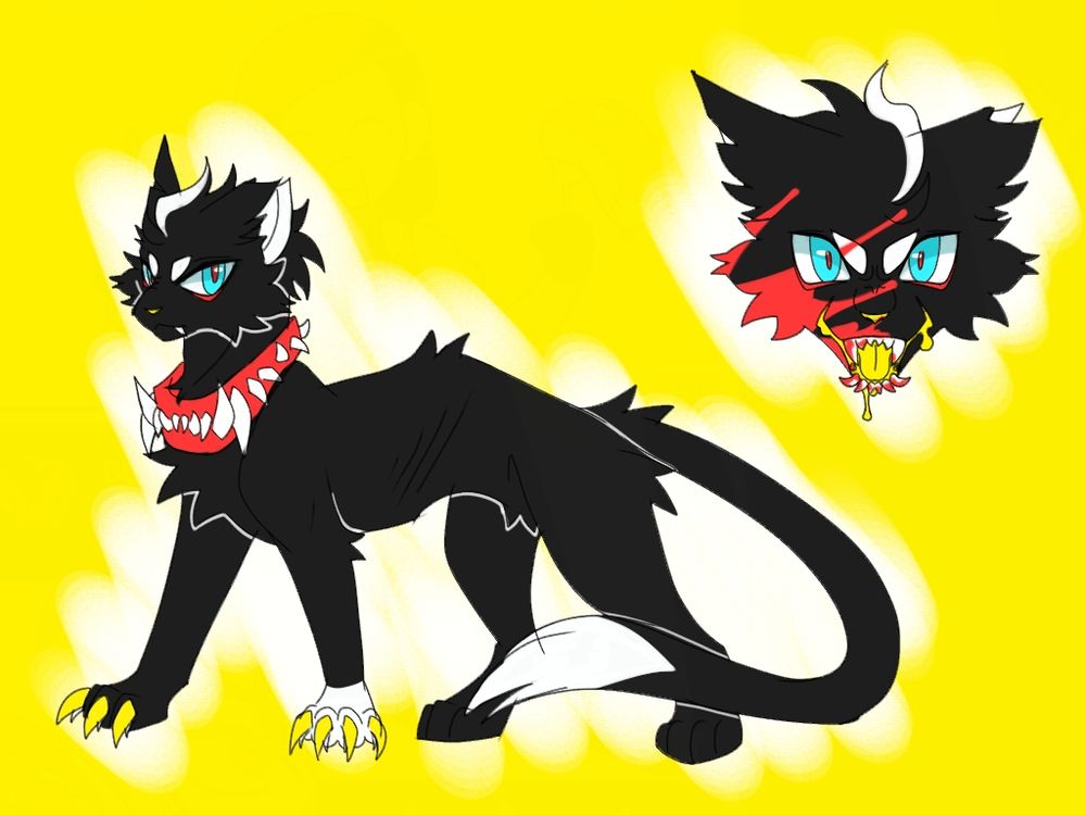 A cartoon-styled design concept for Scourge, including a full-body design and a front-facing headshot. Both the design and background use exclusively black, white, and bright shades of yellow and red, plus bright cyan for the eyes.

He is a skinny pitch black cat with short, scruffy fur. His left paw, tailtip, eyebrows, inside of ears and one strand of fur on his forehead are white. His nose and the inside of his mouth are yellow, as well as the fangs reinforcing his claws. He wears a loose red collar decorated with white fangs; the fangs on the front side of the collar are arranged to look like closed jaws.

Scourge has protruding canines, and bright cyan eyes with bright red pupils and eyes bags. The headshot shows him snarling, his face splattered in neon red blood, yellow drip around his mouth representing stylized saliva.