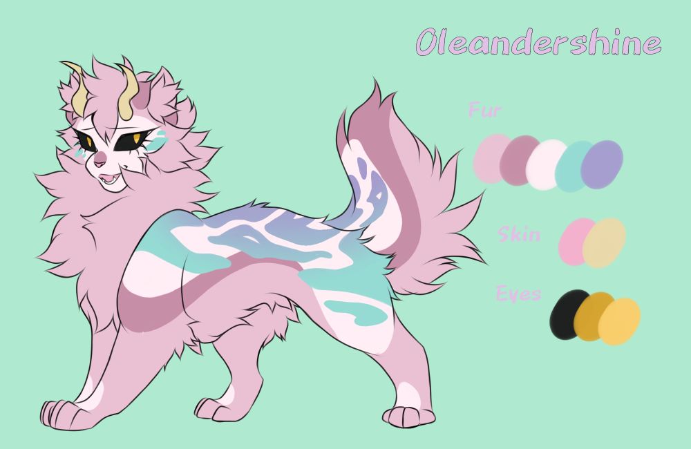 A simple reference sheet for a design of Mina Ashido as a cat, including a fullbody design and a color palette. Her warrior name is written out as "Oleandershine".

She is a fluffy pink-furred cat with a shorter than normal tail. She has horns and eyes with black sclerae and golden pupils, like her human form. Her fur is a lighter shade of pink on her face, shoulders, back, top of the tail, and spots just above her paws. She has teal-purple gradient splotches on her face, back and tail, their shape evoking oil over water, or perhaps the markings on a poisonous frog.