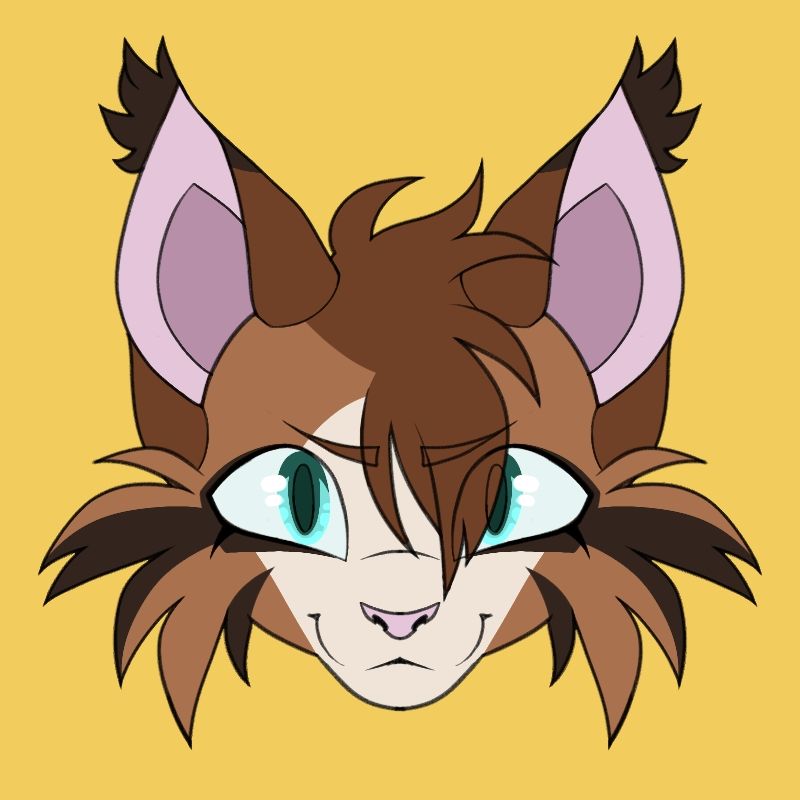 A simple, symmetrical icon depicting a cartoon-styled kitten against a plain yellow background.

The kitten in question is a ginger-brown tabby and white kitten with cyan eyes. He has a confident expression, and sports some spiky fur tufts resembling hair on his forehead and the top of his head. He notably has sharp and spiky downturned tufts of fur on his cheeks, big ears with fur tufts at their tip, and a single long eyelash on each of his lower lids.