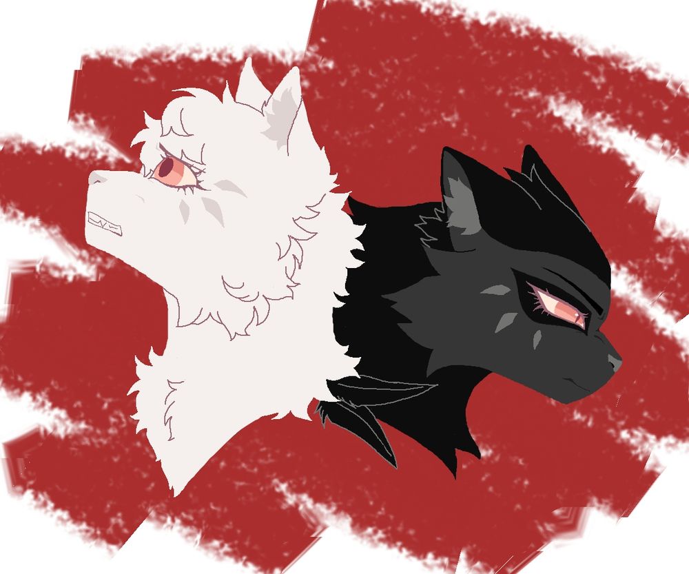A cartoon-styled, mostly lineless illustration of two cat busts from profile view, facing away from each other, against a simple red background

The two cats represented are the two designs of the same character, Crowsong.
The one on the left is an albino she-cat with fluffy, slightly curly fur, looking up with a distressed expression. She wears a pair of crow feathers in her neck fur, near where her shoulders would be.
The one on the right is a black and dark gray she-cat with spiky slicked-back fur, looking down with a resigned expression.