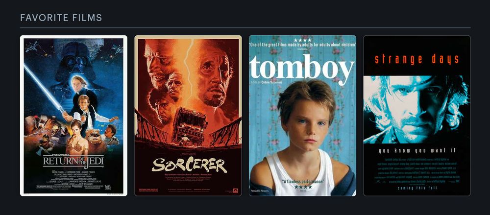 Posters for Return of the Jedi, Sorcerer, Tomboy, and Strange Days