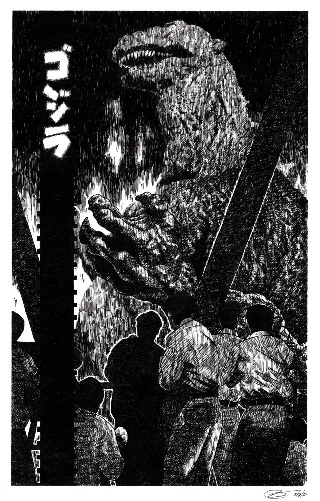 A group of journalists report the swath of destruction caused by the kaiju Gojira as it approaches them on Tokyo tower.