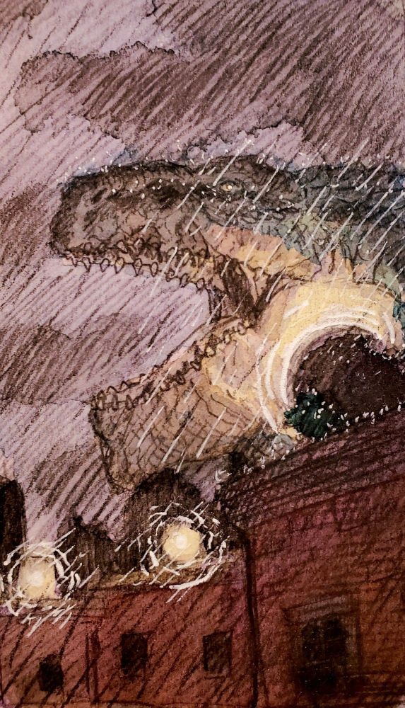 '98 Godzilla's head moves between rows of brick apartment buildings. Large search lights illuminate it's face and rain while the monster roars.