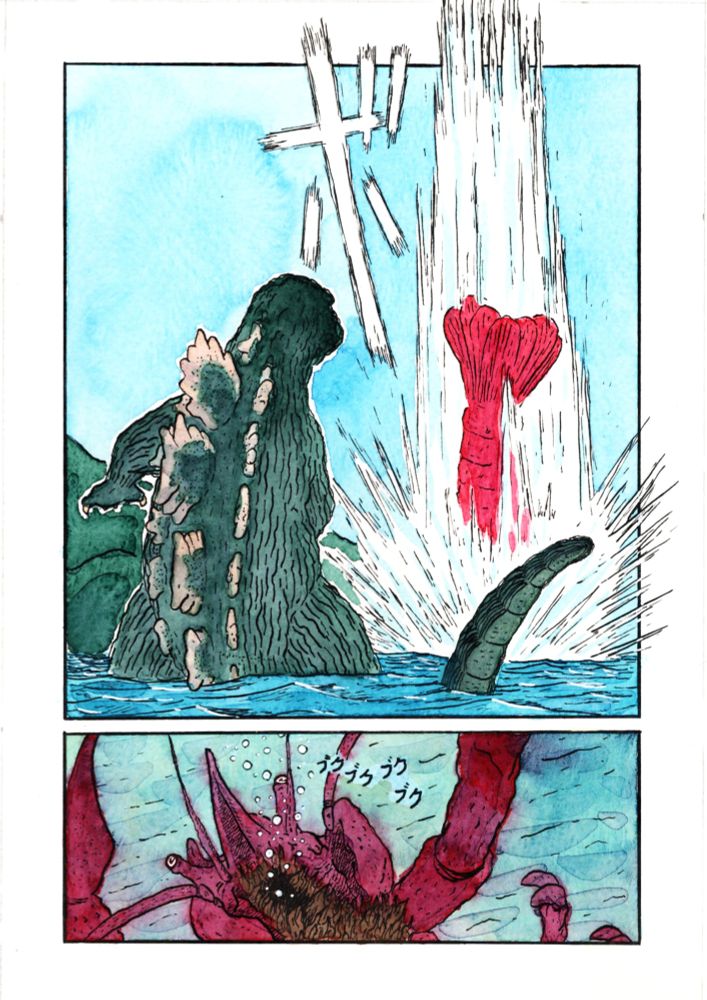 Goji lets go, ending Ebirah crashing into the ocean where it must recover