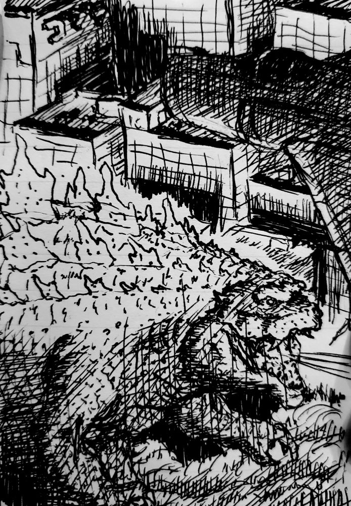 A top down view of Godzilla firing its heat ray as a Sabre flies over head