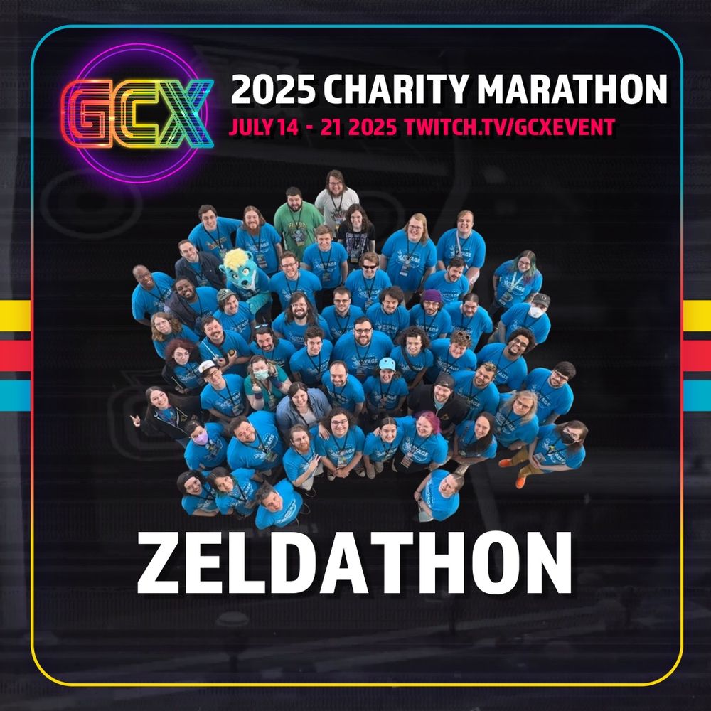 Graphic featuring the Zeldathon team advertising GCX 2025 charity marathon 
