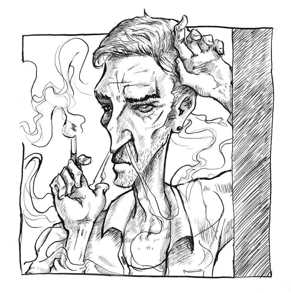 Dessin à la plume et encre de Chine. Un personnage maigre, débraillé et mal rasé regarde dans le vague souffle la fumée de sa cigarette par le nez. Il a une belle gueule. Il est accoudé à un mur et porte une petite pierre noire à l'oreille.