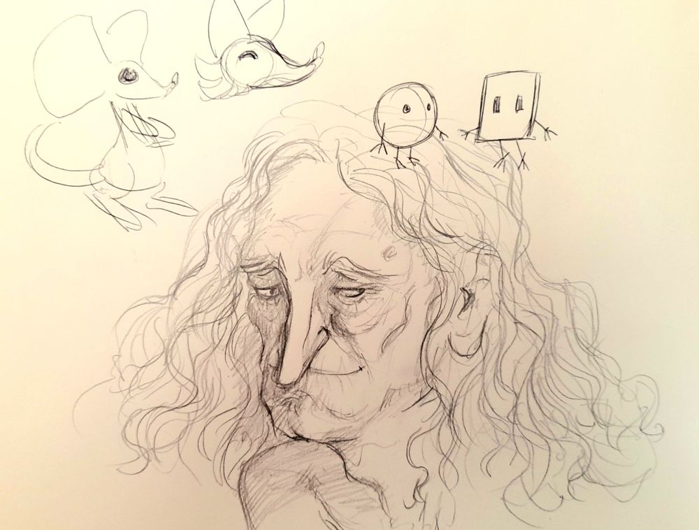 Des dessins sans trop de rapport entre eux. Une souris cartoon, et une tête de renard. Deux personnages enfantins, un rond et un carré. Et un portrait de vieille femme aux cheveux ébouriffés, qui sourit doucement. 