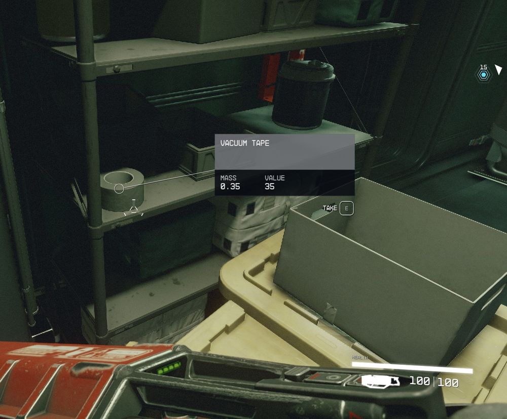 Screenshot from the science-fiction RPG game "Starfield" showing a roll of duct tape on a metal shelf, with UI highlight identifying it as "vacuum tape".