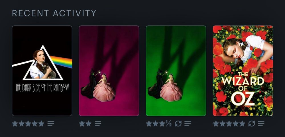 My last four movies logged on Letterboxd, in the order I watched them:

• The Wizard of Oz (5⭐️)
• Wicked (3.5⭐️)
• Wicked: For Good (2⭐️)
• The Dark Side of the Rainbow (5⭐️)