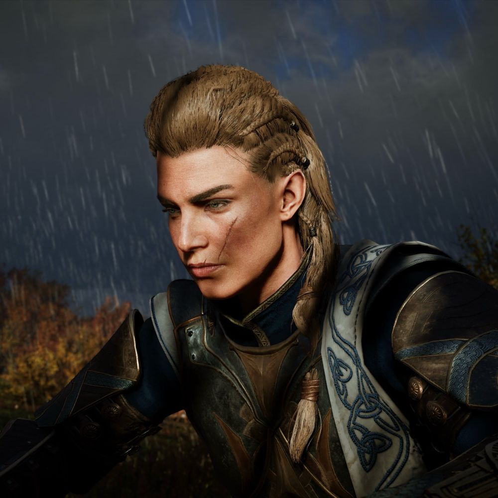 Portrait of Eivor from Assassins Creed Valhalla in the rain. 