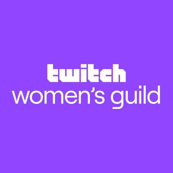 A purple square graphic with the Twitch logo in white at the top, followed by the words “women’s guild” in lowercase white letters.