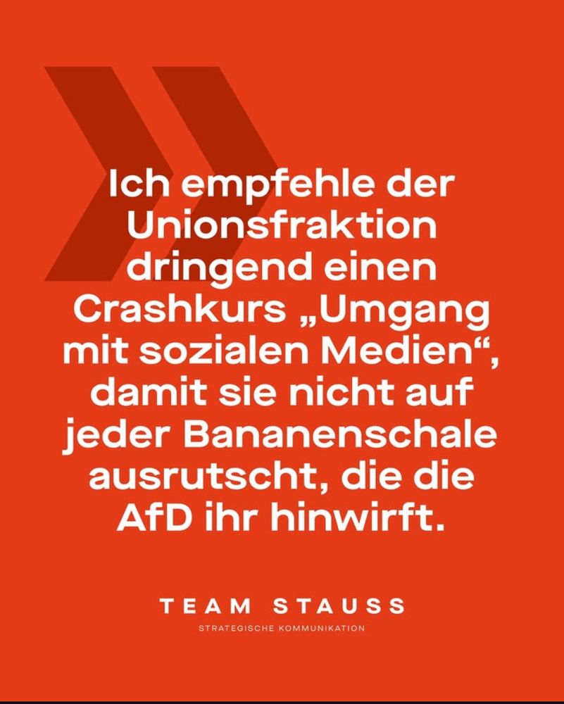 Ich empfehle der Unionsfraktion dringend einen Crashkurs „Umgang mit sozialen Medien", damit sie nicht auf jeder Bananenschale ausrutscht, die die AfD ihr hinwirft.
TEAM STAUSS
STRATEGISCHE KOMMUNIKATION