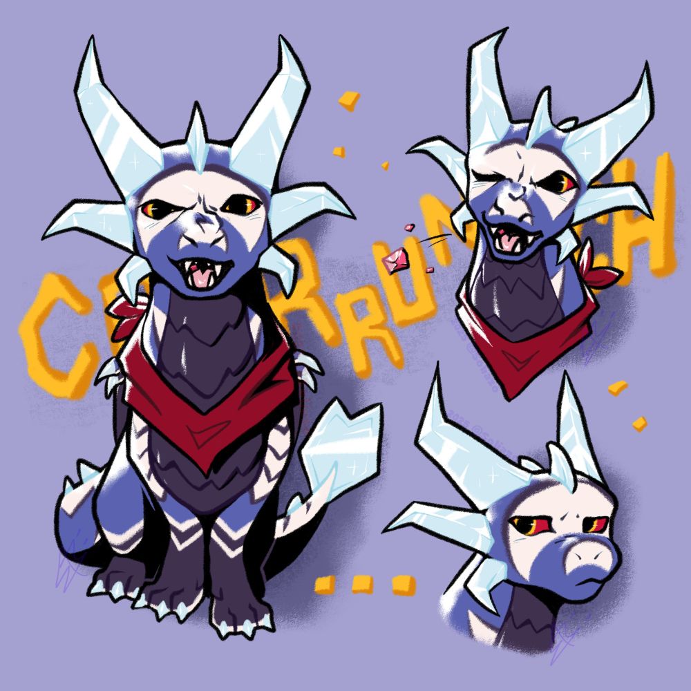 A blue dragon with crystal "horns" and sharp white markings on its body. She's crunching a pink crystal in her mouth in two of the drawings and another looking very judgmental at you.