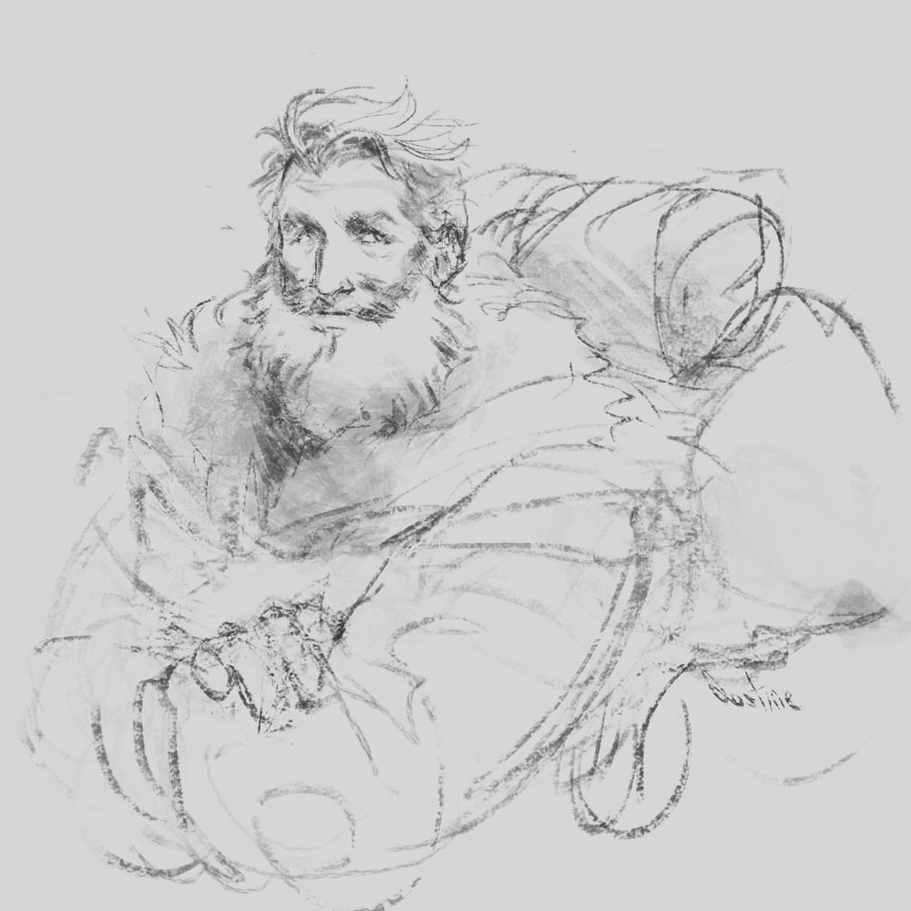 Rough charcoal style half body sketch of Kelvin.