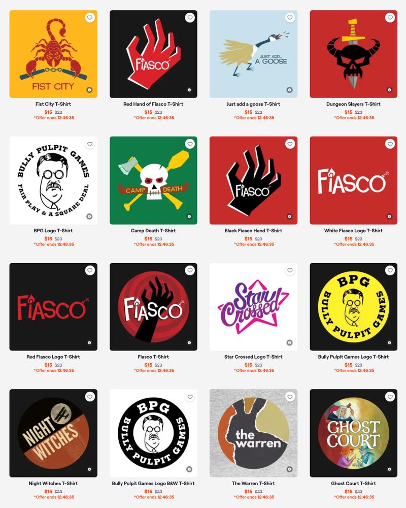 A screencap of sixteen t-shirts from the Bully Pulpit Games TeePublic store. The shirts have roleplaying game images from our games. 


