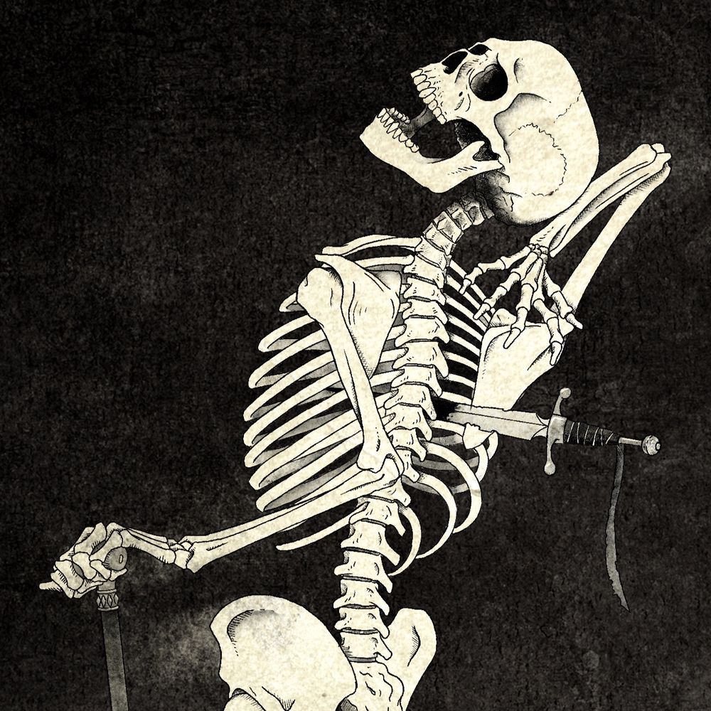 Detailed black and white artwork of a skeleton attempting to reach a dagger plunged into their back with their right hand. They have a walking stick clasped in their left hand.