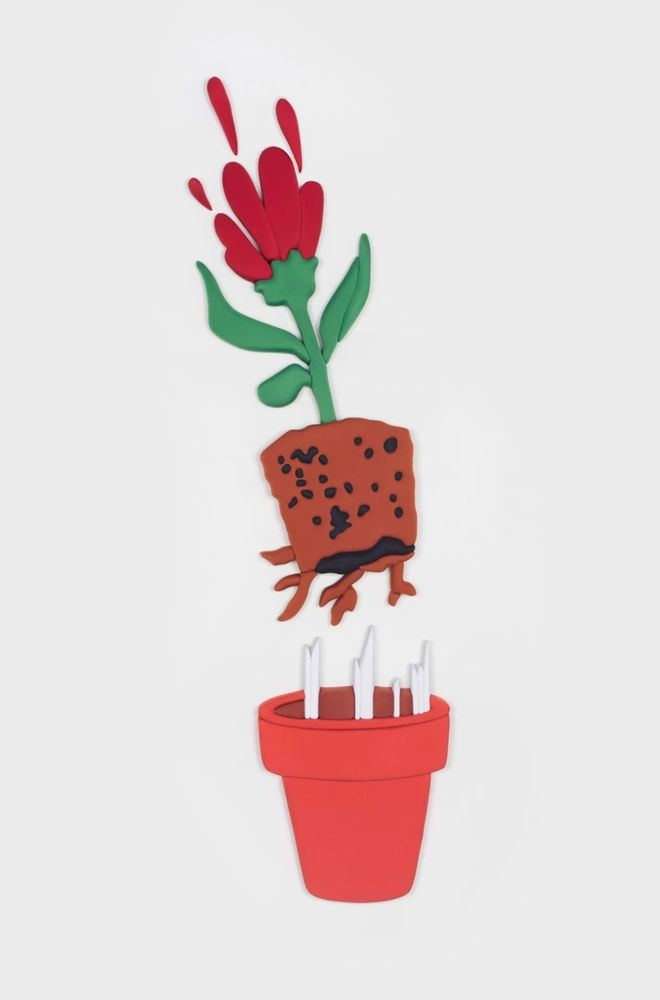 A cartoonish flower, as if falling, the plant pot containing it coming off and revealing the soil. On a white background.