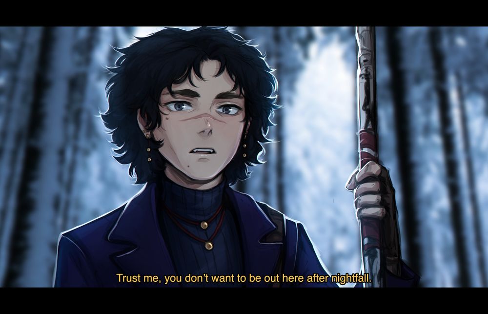 A drawing made to look like a fake screenshot from a show, featuring my character Illia from my book "The Howling Dark" standing backlit in front of a snowy forest, saying, "Trust me, you don't want to be out here after nightfall." Illia is a 29-year-old white man with steely eyes, untamed chin-length black hair, and a scar over his nose. He wears a woolen indigo blazer over a blue turtleneck sweater and is holding a birch spear in a fingerless-gloved hand.