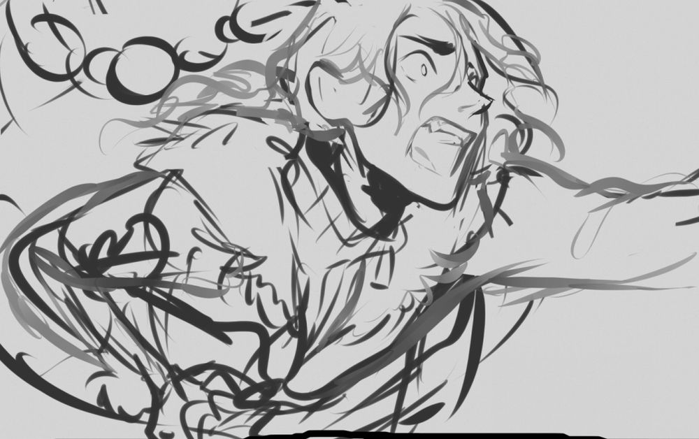 Rough sketch of my character Sylvain crying out and reaching for someone off-screen whilst restrained by an indistinguishable figure