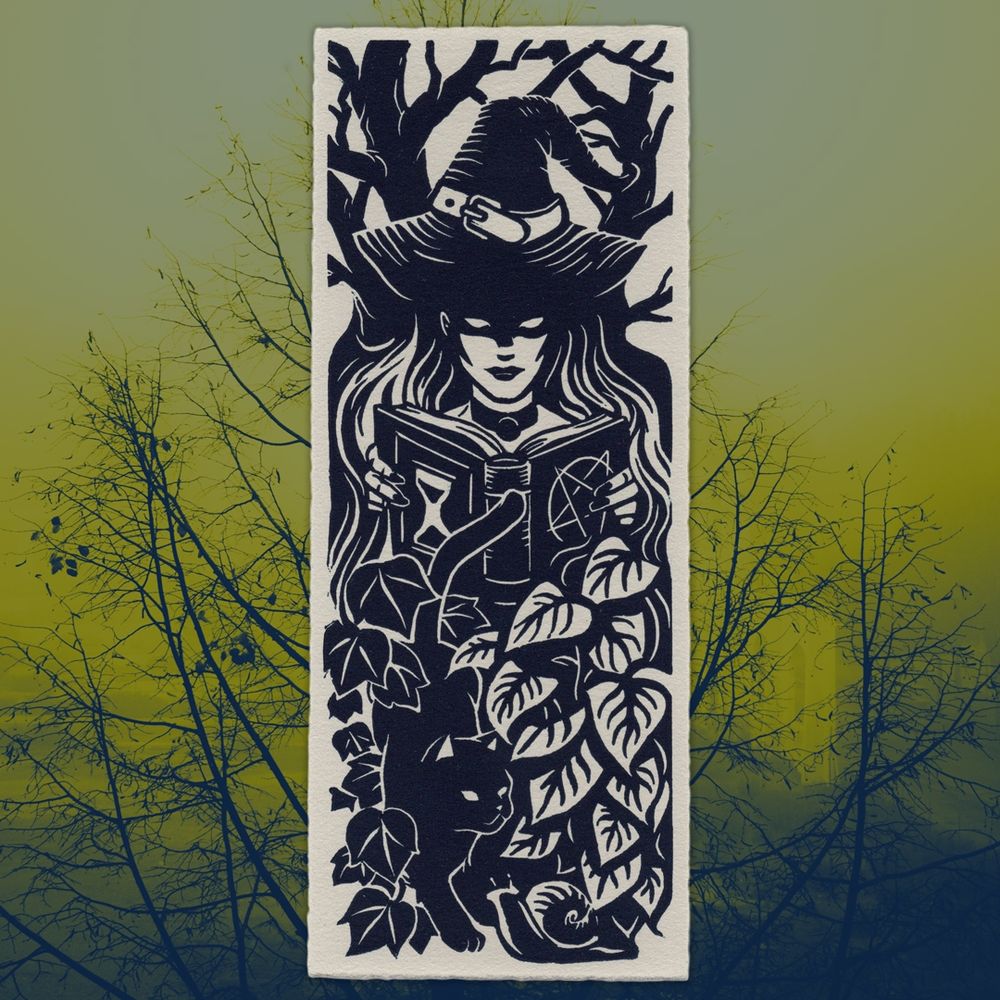 Linocut art of a witch reading a book with ivy flowing around her. A black cat peeks out at the bottom. 
