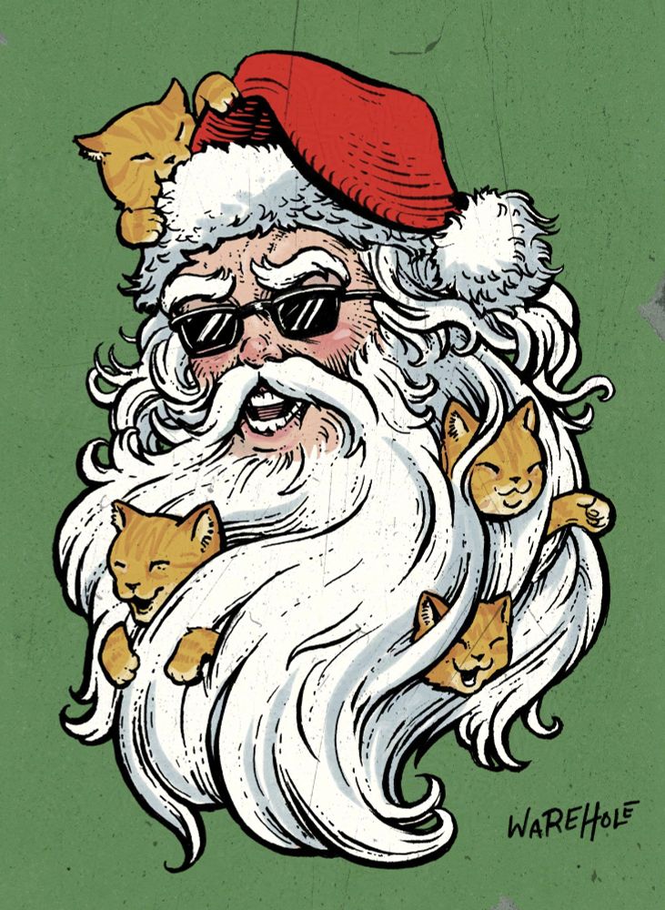 Illustration of a smiling happy Santa face wearing sunglasses. In his beard are multiple smiling orange cats. Set against a green background.