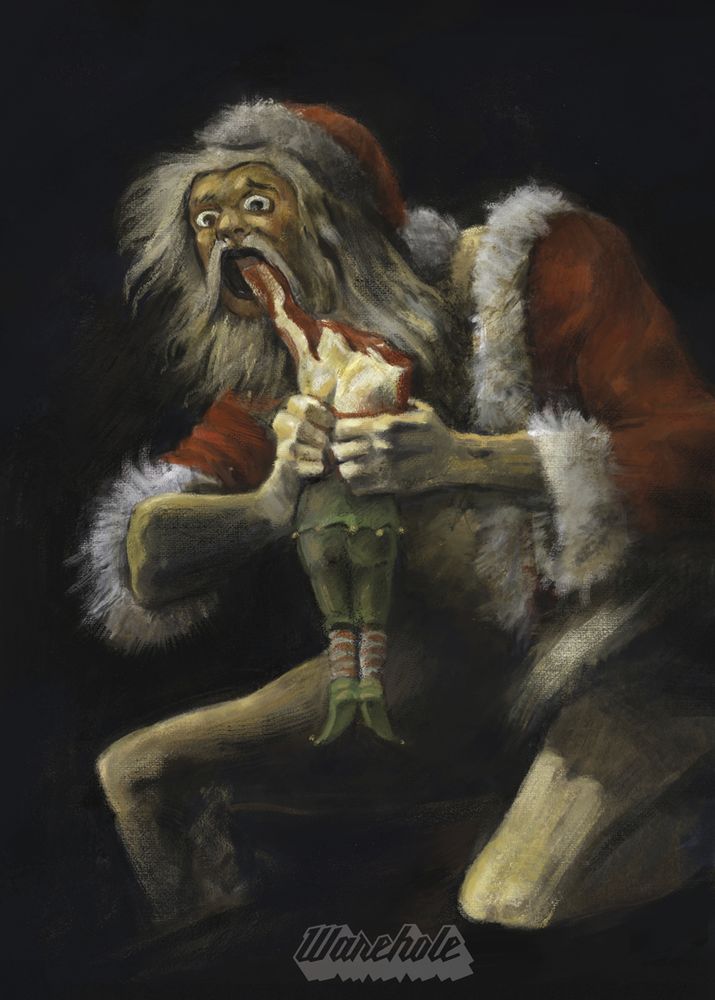 A dark ghoulish painting based on Goya's "Saturn Devouring his Son". Santa is a giant monster chewing apart an elf against a black background.