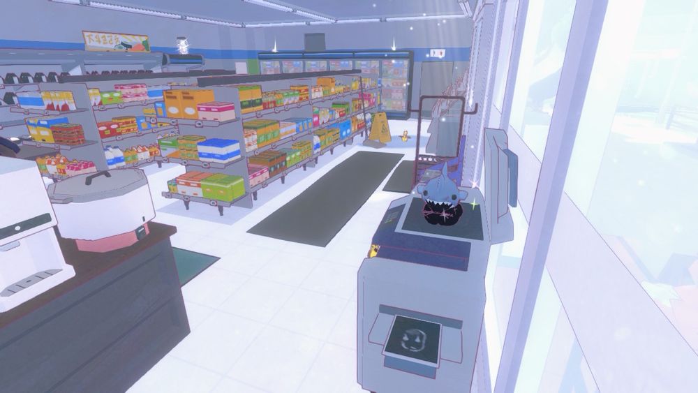 A screenshot from Little Kitty, Big City: A black cat with a shark hat on loafs on a scanner in a bodega. In the printer tray, there is a photo from beneath the cat of its paws. 