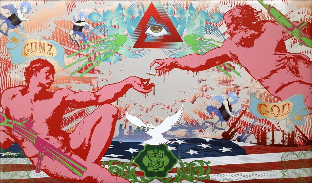 Title: Gunz & God (Special Edition)

Artist: Booda Brand

Medium: UV print on brushed aluminium dibond with stamped signature

Edition: Limited to 5

Year: 2014

Size: 75.0cm x 125.0cm

Good To Know: CoA (Certificate of Authenticity) issued by the artist.

Price: SGD $3,300; excludes international shipping and applicable import duties / charges.

Please contact our gallery to obtain a shipping quote. Delivery within Singapore is free.