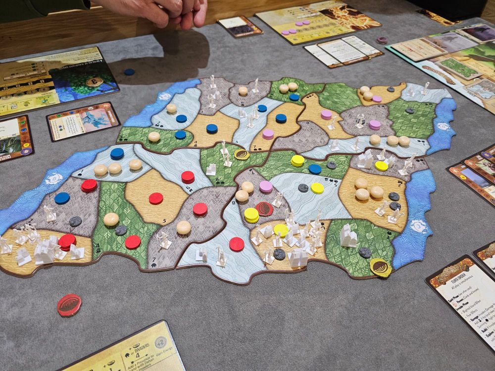 The board of spirit island just before the players celebrated a narrow victory