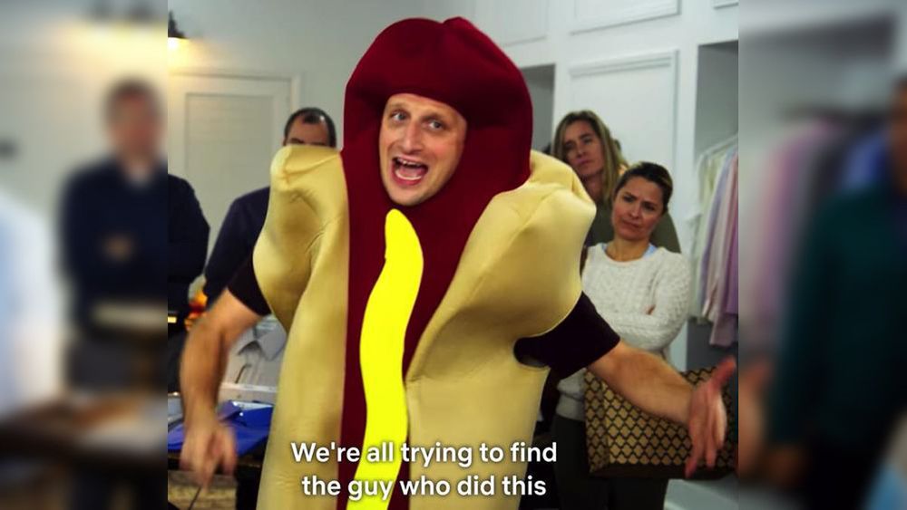 Meme of man in hotdog costume captioned “We’re all trying to find the guy who did this.”