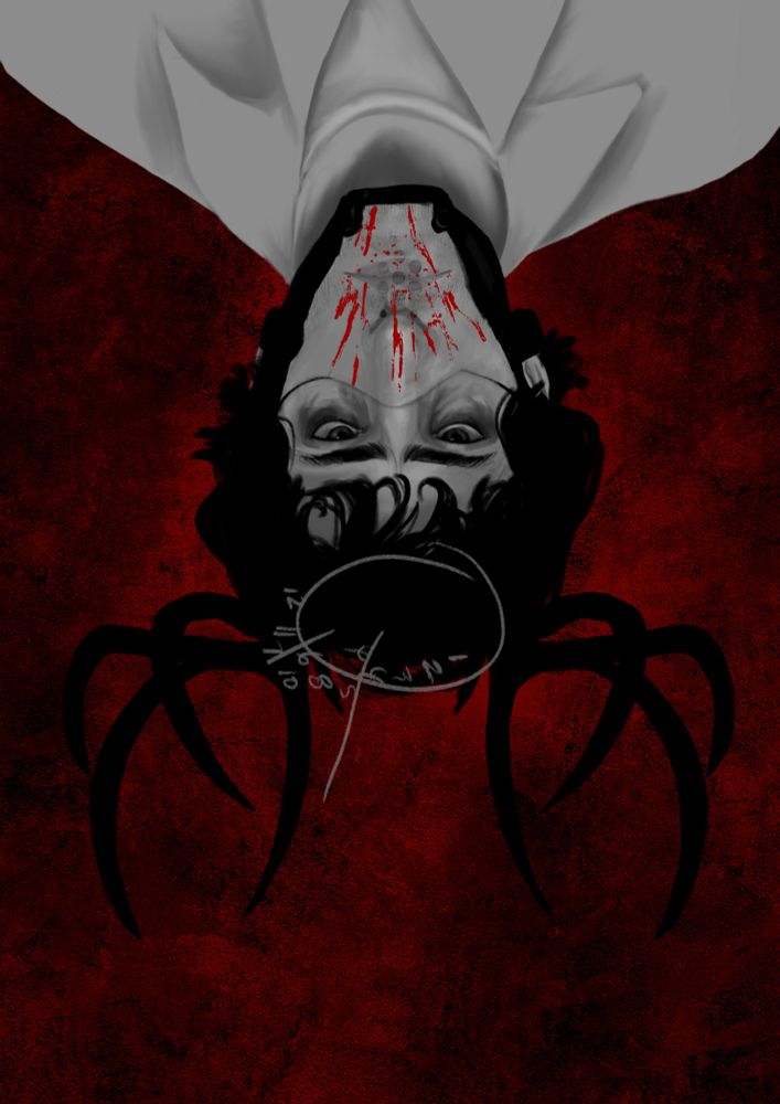 Will standing infront of a red textured background staring at the viewer. The colors are black and white with a pop of red, that being the background and a splatter of blood on the mask. He is upside down.